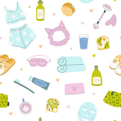 Flat vector seamless pattern of morning routine. Facial massager, glass of water, toothpaste and brush, breakfast, sandwiches. Cute design for wrapping paper and wallpaper on a white background.
