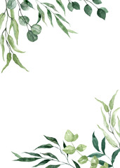 Watercolor botanical frame. Green leaf and forest foliage corner border. Floral painting. PNG clipart on transparent background. - 562750682