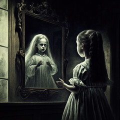 A Young Girl Being Haunted By A Ghost In The Mirror. Generative AI Illustration