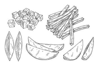 Slice cube fresh potato. Vintage engraving vector black illustration. Isolated on white