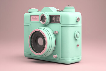 A vintage camera, 3D render style, pastel color. Generative AI illustration.
