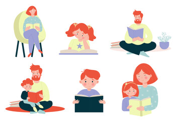Fototapeta premium Set of different illustration of parents and children reading a book. Vector