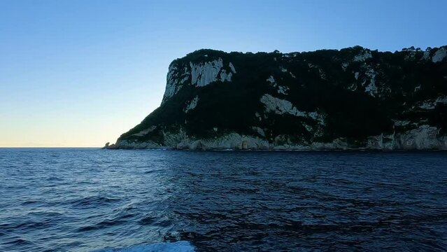 Capri Island in Bay of Naples, Italy. Sunny Sunrise Sky. Nature Background. Slow Motion Cinematic