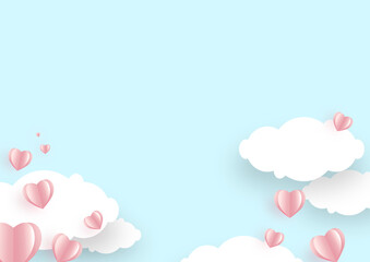 Pink hearts cloud on soft blue color background, border, copy space. Valentine day concept for design.