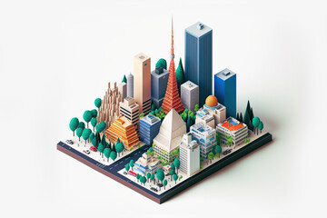 Modern cityscape colorful, white background. Isometric 3D city scape. Generative AI illustration.