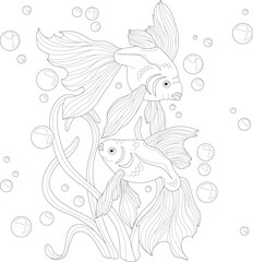 Obraz premium Realistic fishes in seaweeds with bubbles sketch. Cartoon vector illustration in black and white for games, background, pattern, decor. Coloring paper, page, story book. Print for fabrics 
