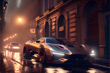silver sports car on the road in the night city street, generative ai