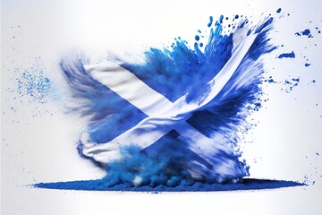 Scottish wave flag, fine powder exploding on a white background. Generative AI