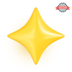 Four pointed star icon. Realistic 3D 4 point yellow star. Vector illustration on a white background