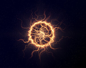 Powerful ball lightning gold png. A strong electric charge of energy in one ring. Mordor. Element for your design, advertising, postcards, invitations, screensavers, websites, games.