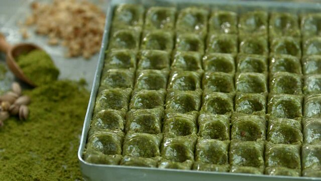 Traditional turkish baklava pistachio pastry. Dilberdudagi, ozel kesim baklava, cikolatali baklava, fistikli baklava, katmer, fistikli kadayif, kattafi, fistik sarma, soguk baklava, midye baklava, cev