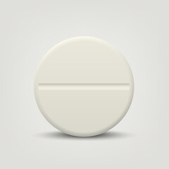 Vector 3d Realistic White Round Pharmaceutical Medical Pill, Capsule, Tablet Isolated on White Background. Pill in Front View. Simple Standart Pill, Medical Concept