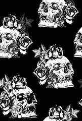 Seamless pattern. Human skulls with a rose flowers and leaves. Textile composition, hand drawn style print. Vector black and white illustration.