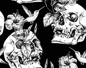 Seamless pattern. Human skulls with a exotic Hibiscus flowers and hummingbird. Textile composition, hand drawn style print. Vector black and white illustration.