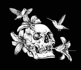 Human skulls with a exotic flowers and hummingbird. Humor card, t-shirt composition, hand drawn style print. Vector black and white illustration.