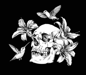 Human skulls with a exotic flowers and hummingbird. Humor card, t-shirt composition, hand drawn style print. Vector black and white illustration. - 562754891