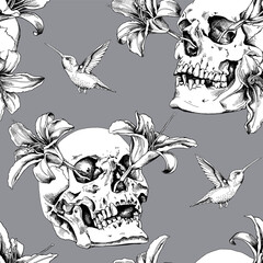 Seamless pattern. Human skulls with a exotic flowers and hummingbird on a gray background. Textile composition, hand drawn style print. Vector black and white illustration.