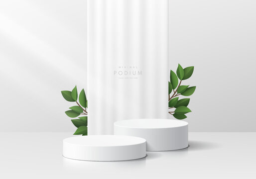 Realistic White Cylinder Pedestal Podium Set 3D Background With White Curtain And Green Leaf. Minimal Wall Scene Mockup Product Stage For Showcase, Promotion Display. Abstract Vector Geometric Forms.