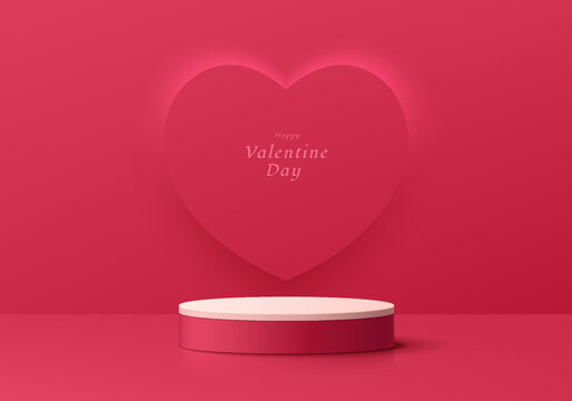 Realistic white, pink cylinder pedestal podium valentine 3D background with heart scene on wall. Minimal wall scene mockup product stage showcase, Promotion display. Abstract vector geometric forms.