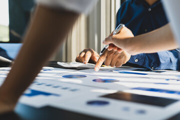 Business consultant meeting analyzes marketing growth research and business strategy planning....