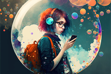 Woman using a smartphone, is in a filter bubble, social media created with Generative AI technology - obrazy, fototapety, plakaty