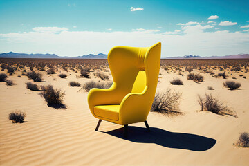 Yellow chair in the middle of the desert. Generative AI