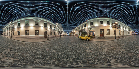 spherical seamless night hdr 360 panorama on pedestrian street with stone pavement of old town with...