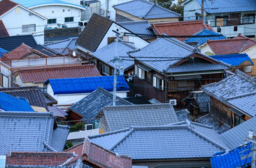 Tiled Roofs on Houses of Dense Residential Neighborhood in Japanese Town