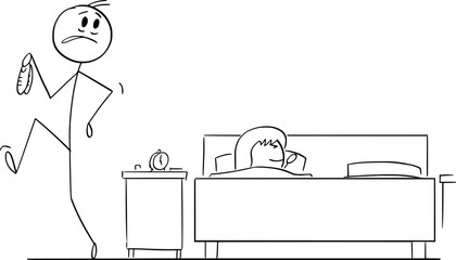 Man Silently Leaving Bedroom With Sleeping Woman , Vector Cartoon Stick Figure Illustration