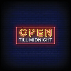 neon sign open till midnight with brick wall background vector illustration - obrazy, fototapety, plakaty