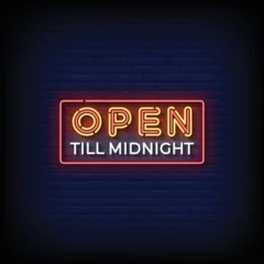 Fotobehang neon sign open till midnight with brick wall background vector illustration © bohlam