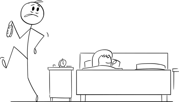 Man Silently Leaving Bedroom With Sleeping Woman , Vector Cartoon Stick Figure Illustration