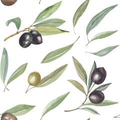 Botanical seamless pattern with hand-drawn watercolor olive branches on white background.