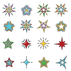Obraz premium A set of cartoon colorful vector illustrations of stars isolated on a white background.
