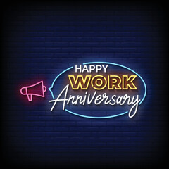 neon sign happy work anniversary with brick wall background vector illustration - obrazy, fototapety, plakaty