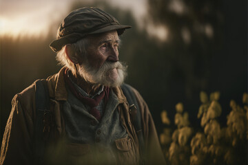 Fototapeta premium Old farmer man in the field. Ultra realistic cinematic lighting. Reflective. generative AI