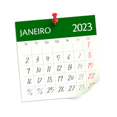 January Calendar 2023 in Portuguese Language. Isolated on White Background. 3D Illustration