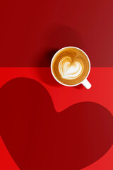 Top view of hot Coffee cup with a barista art heart shape foam on red heart paper background.  Festive card for Valentines Day. top view. flat lay. 3D illustration