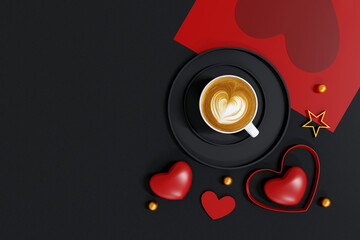 Top view of hot Coffee cup with a barista art heart shape foam on red heart paper background.  Festive card for Valentines Day. top view. flat lay. 3D illustration