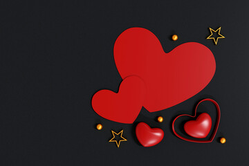 Top view of  red heart shape on black table background.  Festive card for Valentines Day. top view. flat lay. 3D illustration