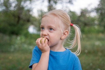 Fototapeta premium Little blond girl in blue t-shirt bite green apple . Child walks in park or garden. Close-up portrait of little girl.