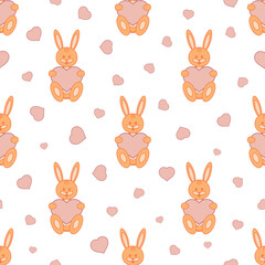 Vector seamless pattern. A romantic hare with a heart in his hands