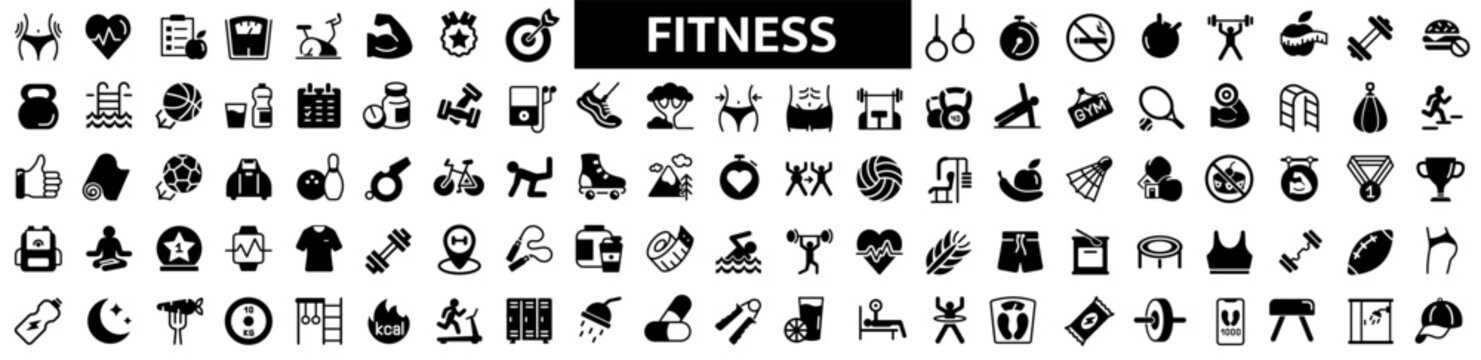 Sport and fitness icons set. Fitness exercise, football, gym, diet, jogging, weight and more flat icon.