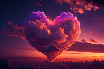 Image of a heart-shaped cloud formation set against a vibrant sunset sky. Generative AI.