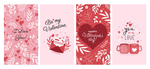 Story templates for social media for Valentine's Day. Beautiful with vegetation, flowers and hearts posters. Vector