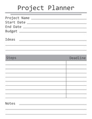 Project Planner Template. A concise design for a business notepad page. Business organizer. Project schedule. Letter format. Vector illustration