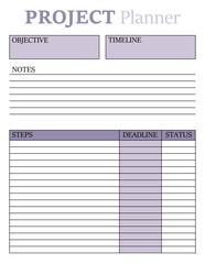 Project Planner Template. A concise design for a business notepad page. Business organizer. Project schedule. Letter format. Vector illustration