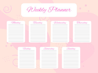 Weekly planner doodle elements on pink background. Schedule design template. To do list for every day of the week. Self organization. Vector illustration