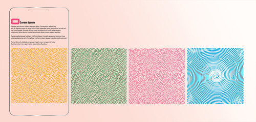 Abstract reaction biology diffusion turing pattern 4 variant styles and colours design for screen display. Vector illustration.  