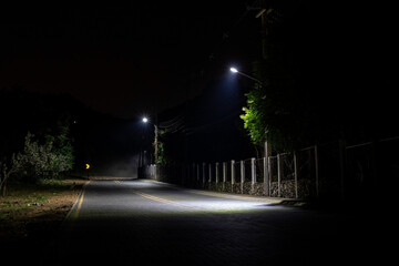 empty road at night with street lamps